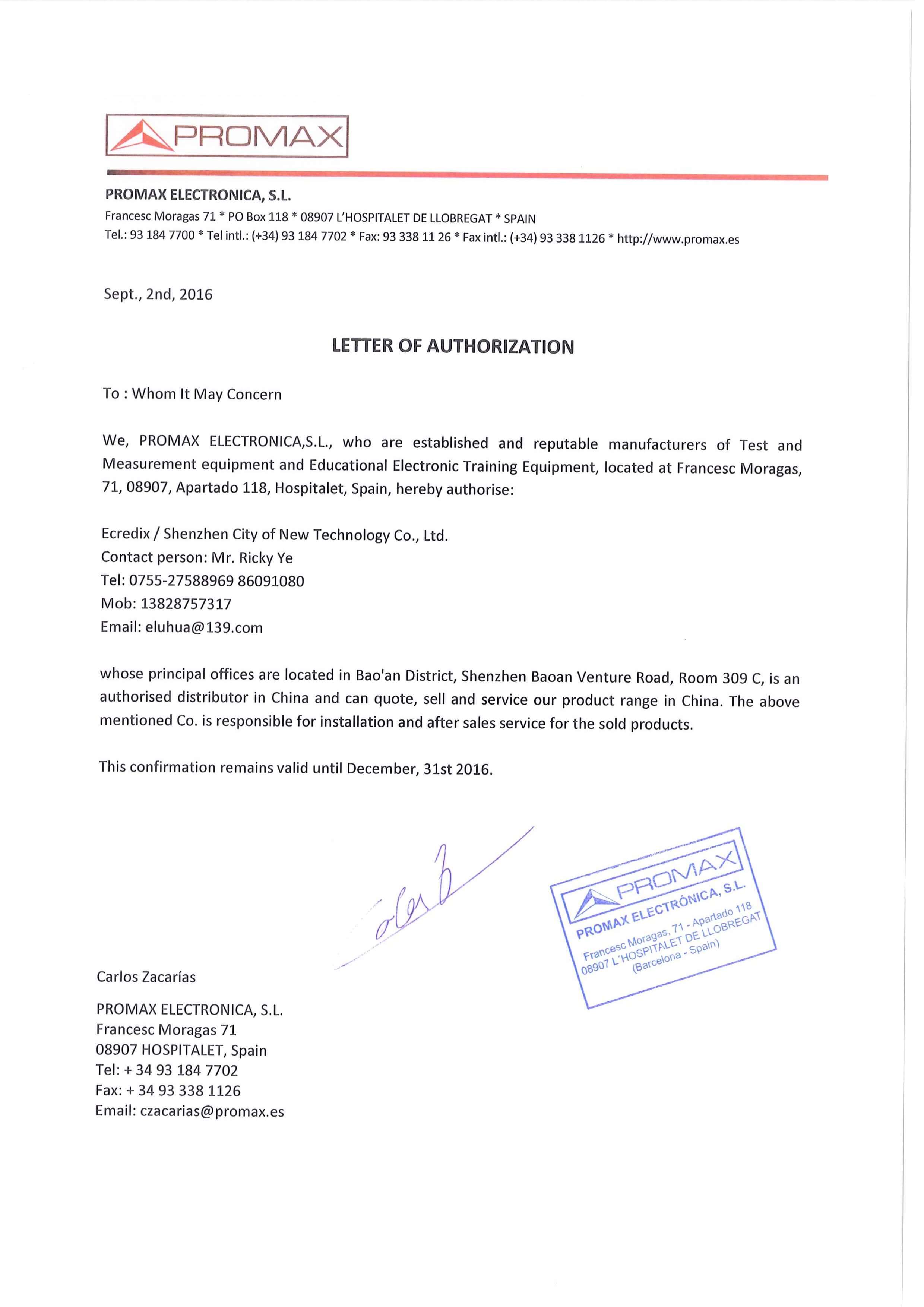 Promax Letter of Authorization